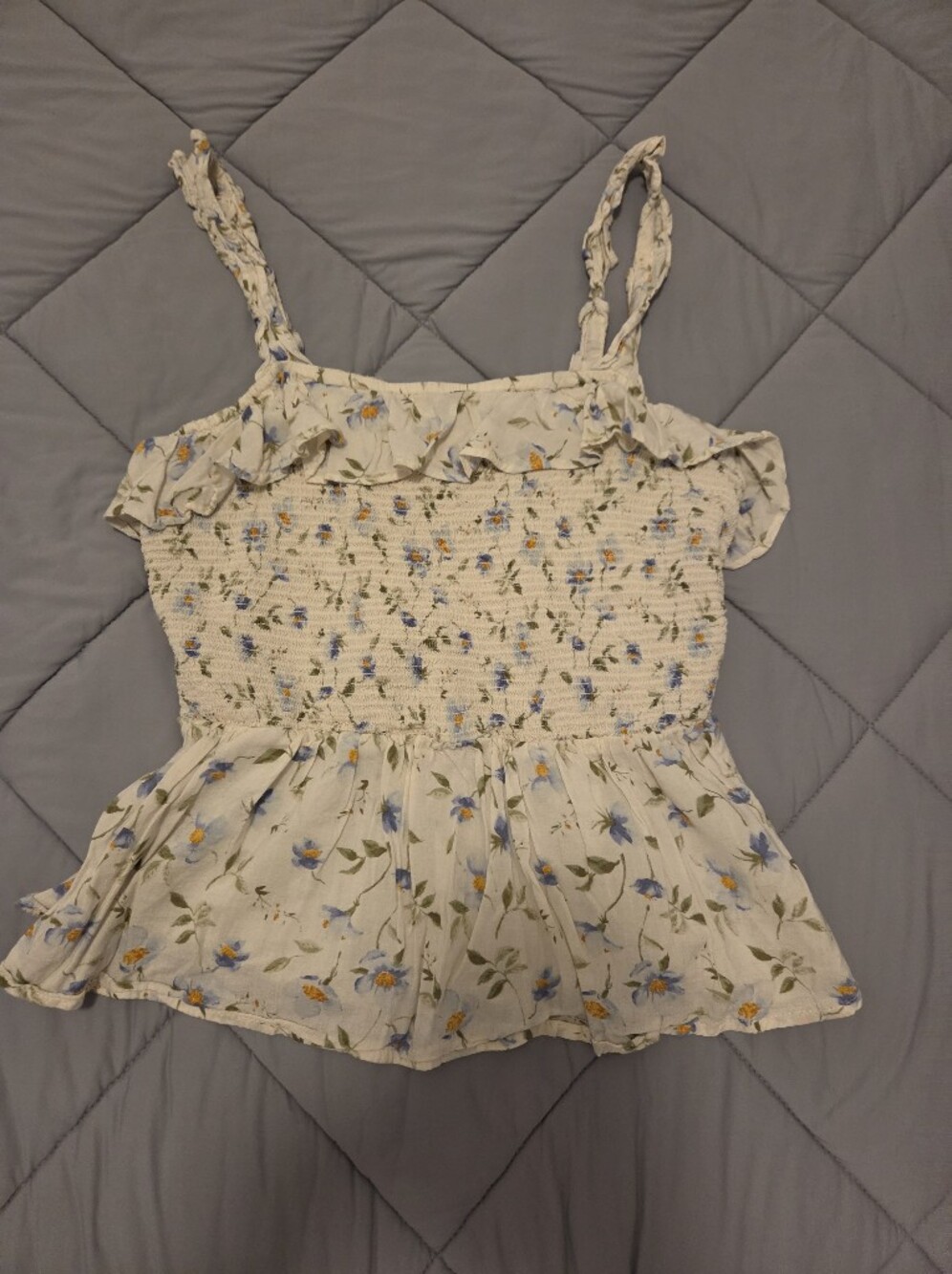 Old Navy Cream Floral Smocked Camisole with Blue and Yellow Accents